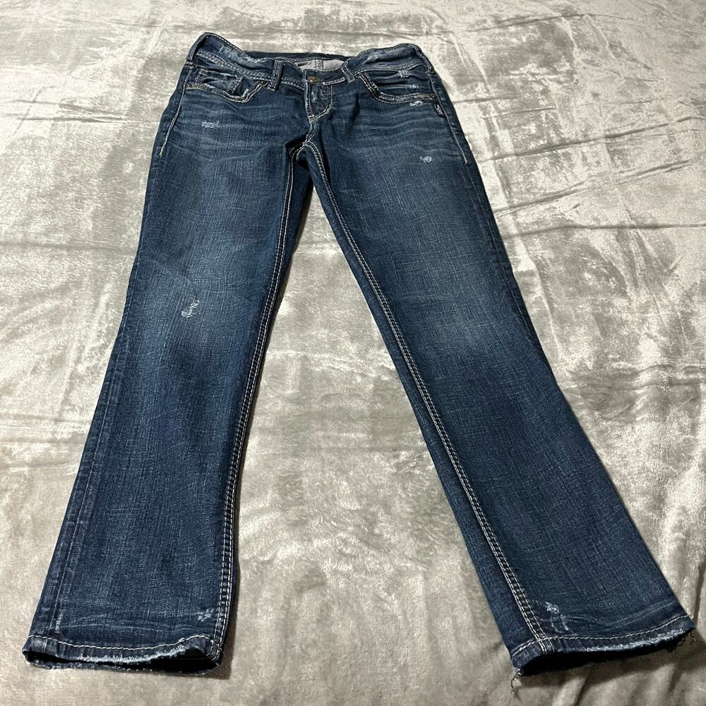 Silver Jeans Suki Ankle Slim Jeans Womens 28 Blue Dark Wash Denim Distressed